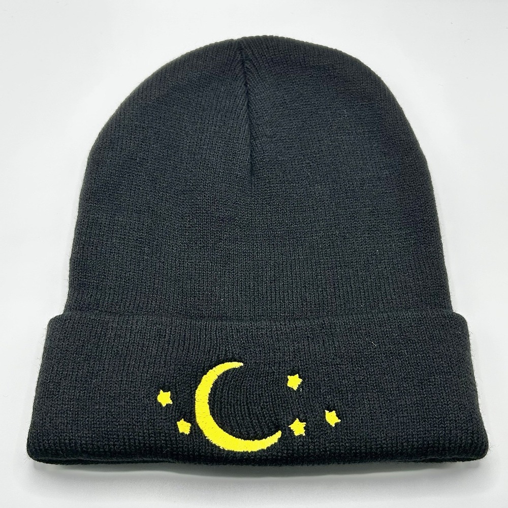 Crescent Moon Stars Nighttime Sky Beanie Hat Cap Knit Cuff Black Outdoors